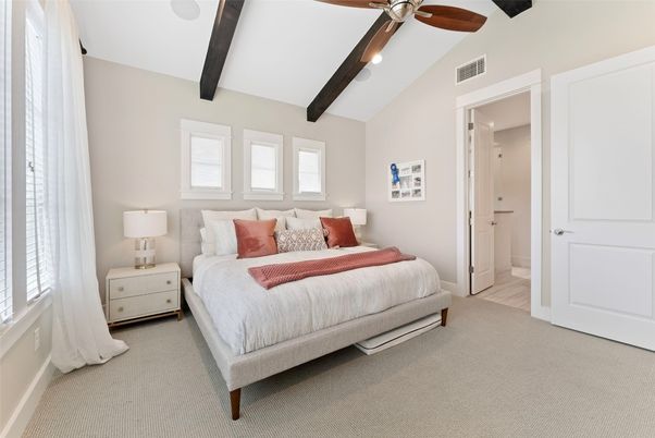 Bedroom, Interior, Recessed Lighting, Wooden Beams