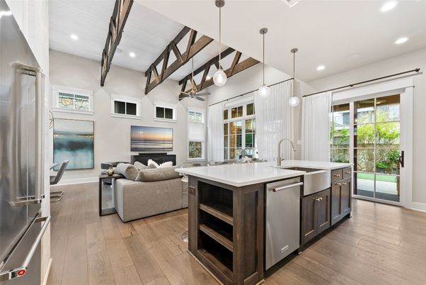 Interior, Kitchen, Living room, Pendant Lights, Recessed Lighting, Stainless Steel Appliances, Wood Texture Flooring