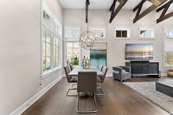 Chandelier, Dining room, Interior, Pendant Lights, Wooden Beams, Wood Texture Flooring
