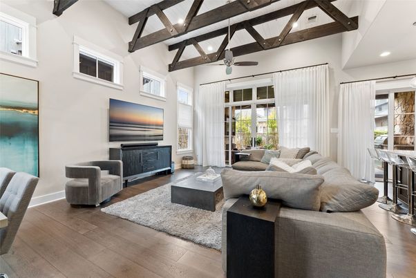 Fireplace, Interior, Living room, Recessed Lighting, Wooden Beams, Wood Texture Flooring