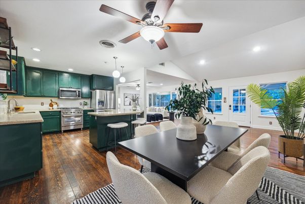Dining room, Interior, Kitchen, Pendant Lights, Recessed Lighting, Stainless Steel Appliances, Wood Texture Flooring