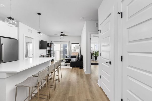 Interior, Kitchen, Living room, Pendant Lights, Wood Texture Flooring