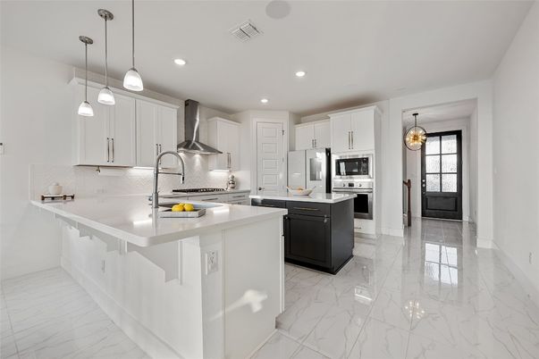 Interior, Kitchen, Marble, Pendant Lights, Recessed Lighting, Stainless Steel Appliances