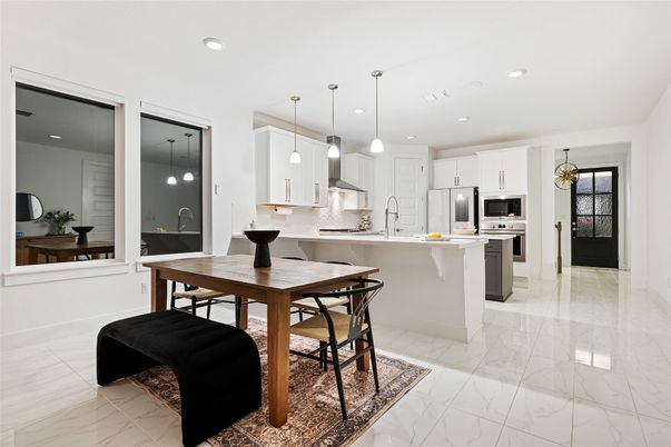 Dining room, Interior, Kitchen, Marble, Pendant Lights, Recessed Lighting, Stainless Steel Appliances