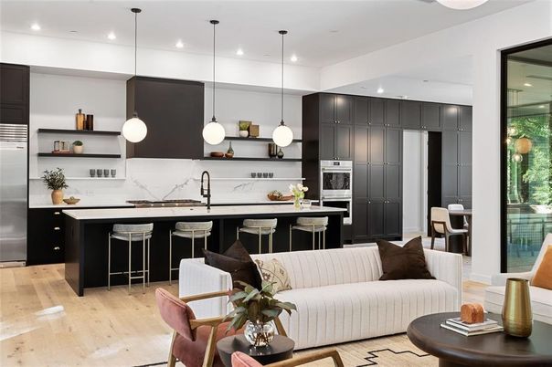 Interior, Kitchen, Living room, Pendant Lights, Recessed Lighting, Stainless Steel Appliances, Wood Texture Flooring