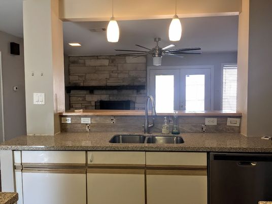 Interior, Kitchen, Pendant Lights, Recessed Lighting, Stone Walls