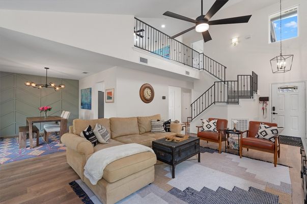 Dining room, Interior, Living room, Pendant Lights, Recessed Lighting, Wood Texture Flooring