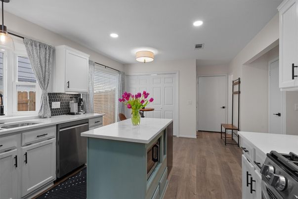 Interior, Kitchen, Recessed Lighting, Stainless Steel Appliances, Wood Texture Flooring