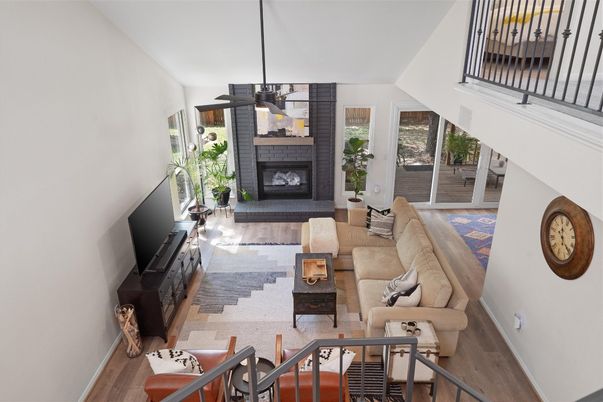 Fireplace, Interior, Living room, Pendant Lights, Wood Texture Flooring
