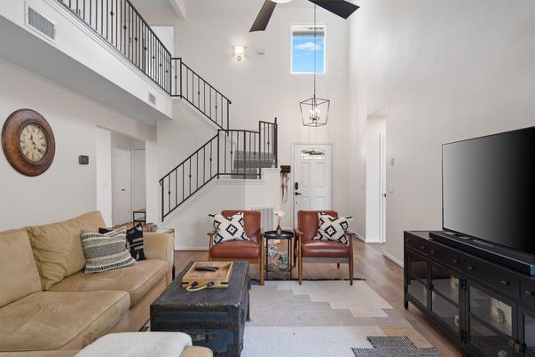 Interior, Living room, Pendant Lights, Wood Texture Flooring
