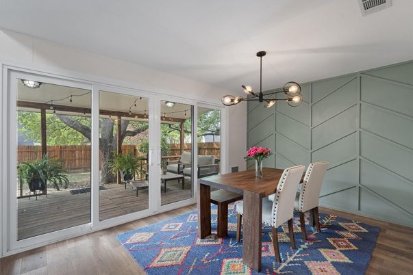 Dining room, Interior, Pendant Lights, Wood Texture Flooring