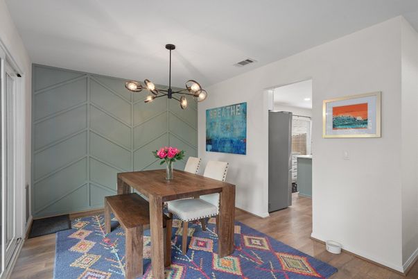 Dining room, Interior, Pendant Lights, Recessed Lighting, Wood Texture Flooring