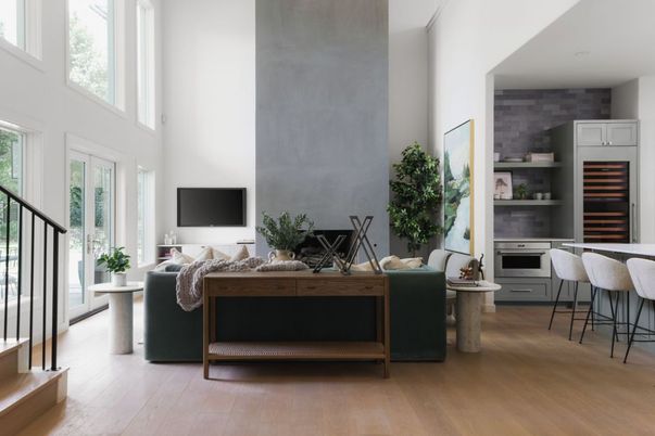 Interior, Living room, Stone Walls, Wood Texture Flooring