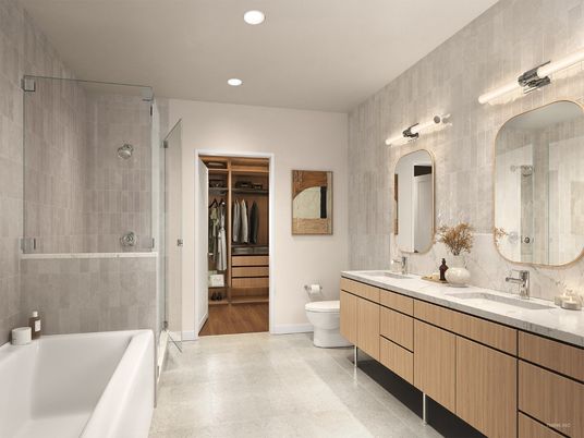 Bathroom, Dual Sink Vanities, Glass Shower, Interior, Recessed Lighting, Walk-in Closets, Wood Texture Flooring