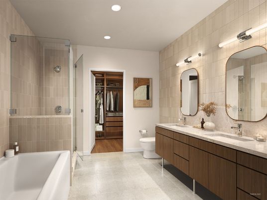 Bathroom, Dual Sink Vanities, Glass Shower, Interior, Recessed Lighting, Walk-in Closets, Wood Texture Flooring