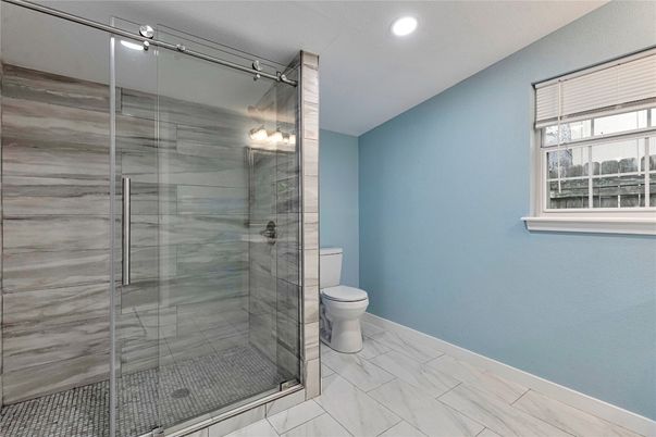 Bathroom, Glass Shower, Interior, Marble, Recessed Lighting