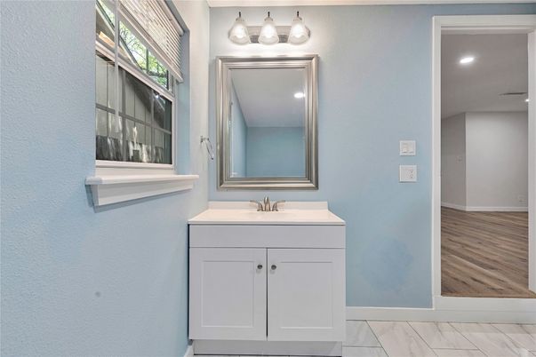 Bathroom, Interior, Marble, Recessed Lighting, Wood Texture Flooring