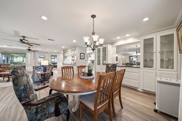 Chandelier, Dining room, Interior, Recessed Lighting, Wood Texture Flooring