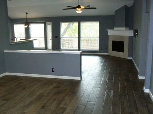 Empty room, Fireplace, Interior, Pendant Lights, Wood Texture Flooring