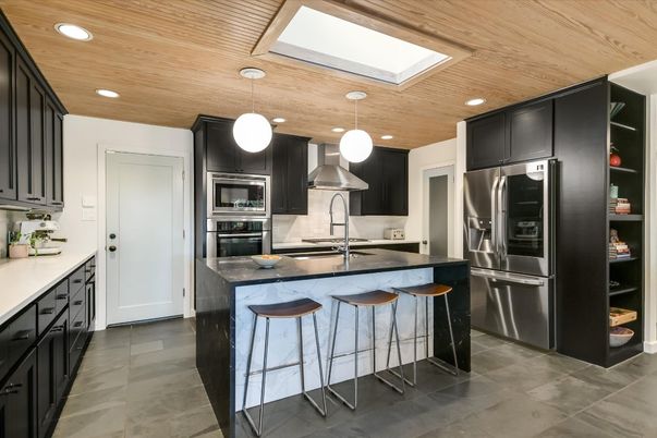 Interior, Kitchen, Pendant Lights, Recessed Lighting, Stainless Steel Appliances, Wooden Ceilings