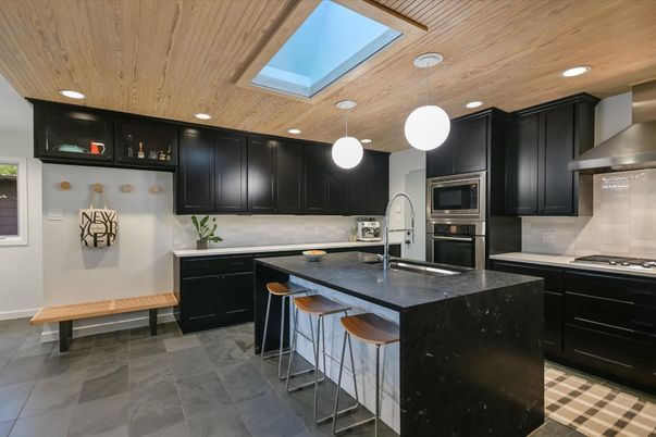 Interior, Kitchen, Pendant Lights, Recessed Lighting, Stainless Steel Appliances, Wooden Ceilings