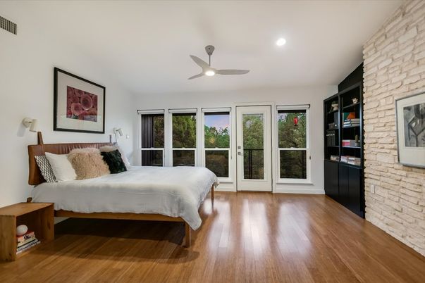 Bedroom, Interior, Recessed Lighting, Stone Walls, Wood Texture Flooring