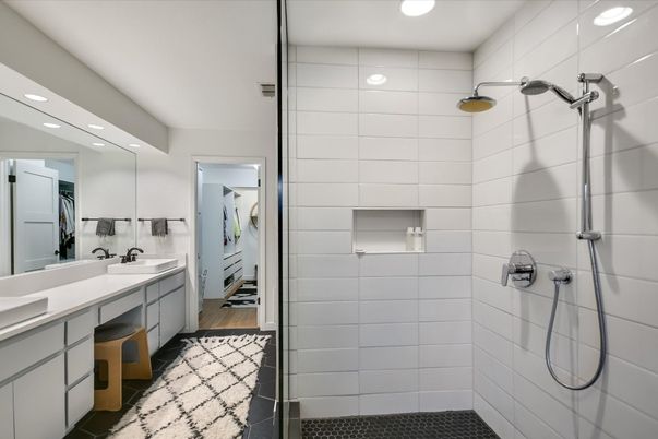 Bathroom, Dual Sink Vanities, Interior, Recessed Lighting, Wood Texture Flooring