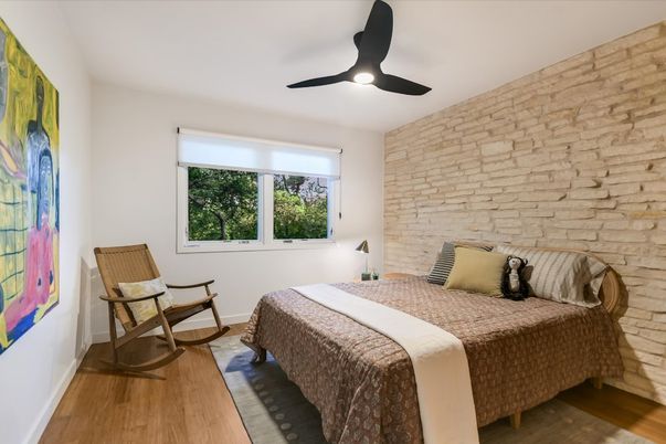 Bedroom, Interior, Stone Walls, Wood Texture Flooring