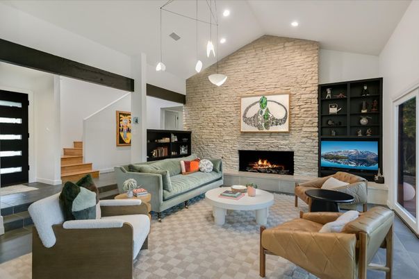 Fireplace, Interior, Living room, Pendant Lights, Recessed Lighting, Stone Walls