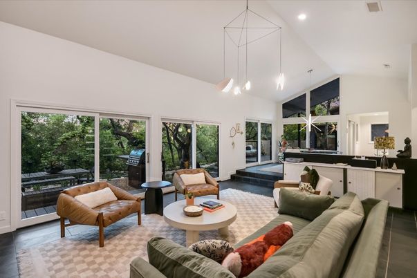 Interior, Living room, Pendant Lights, Recessed Lighting, Wood Texture Flooring
