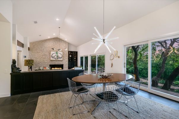 Dining room, Fireplace, Interior, Pendant Lights, Recessed Lighting, Stone Walls