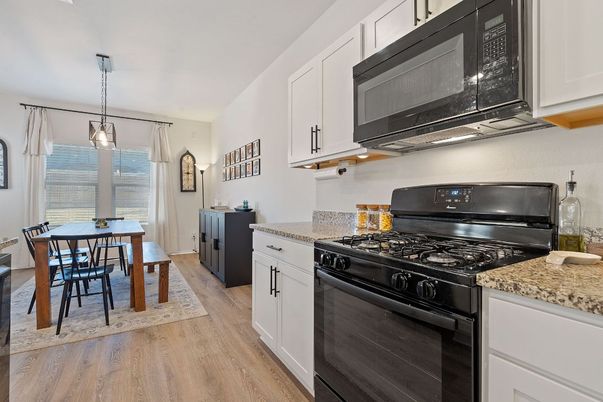 Dining room, Interior, Kitchen, Pendant Lights, Wood Texture Flooring