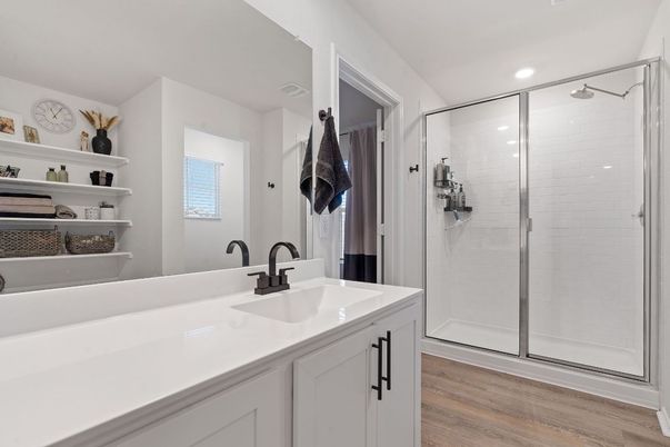 Bathroom, Glass Shower, Interior, Recessed Lighting, Wood Texture Flooring