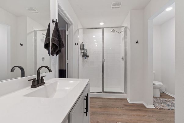 Bathroom, Glass Shower, Interior, Recessed Lighting, Wood Texture Flooring