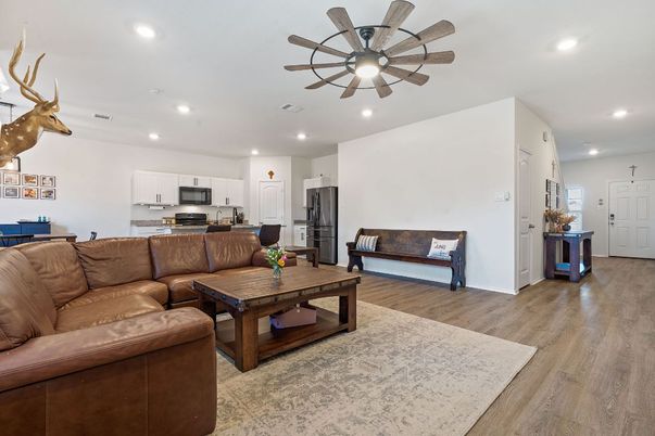 Interior, Kitchen, Living room, Recessed Lighting, Stainless Steel Appliances, Wood Texture Flooring