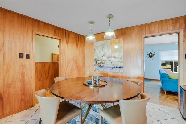 Dining room, Interior, Pendant Lights, Wood Texture Flooring, Wooden Walls