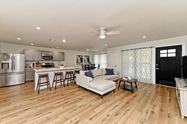 Interior, Kitchen, Living room, Recessed Lighting, Stainless Steel Appliances, Wood Texture Flooring