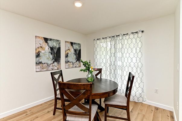 Dining room, Interior, Recessed Lighting, Wood Texture Flooring