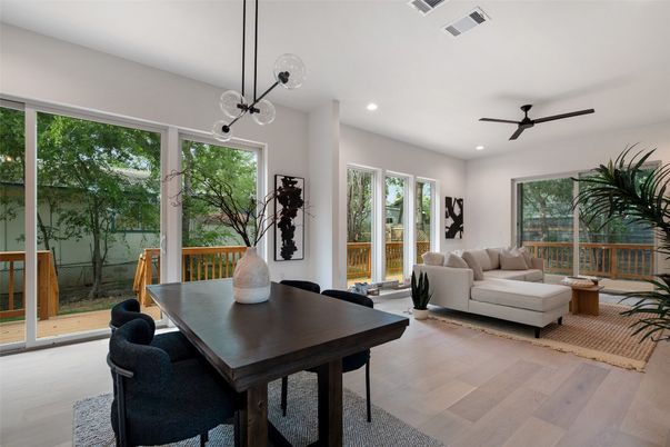 Dining room, Interior, Living room, Pendant Lights, Recessed Lighting, Wood Texture Flooring
