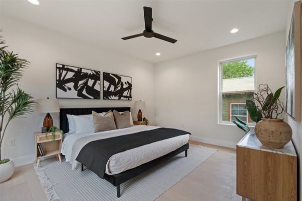 Bedroom, Interior, Recessed Lighting, Wood Texture Flooring