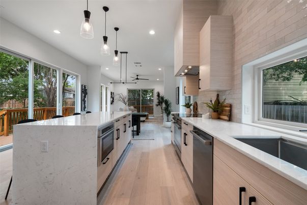 Interior, Kitchen, Pendant Lights, Recessed Lighting, Stainless Steel Appliances, Wood Texture Flooring