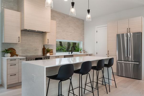 Interior, Kitchen, Pendant Lights, Stainless Steel Appliances, Wood Texture Flooring