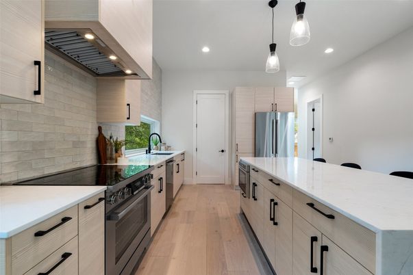 Interior, Kitchen, Pendant Lights, Recessed Lighting, Stainless Steel Appliances, Wood Texture Flooring