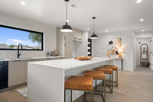 Interior, Kitchen, Pendant Lights, Recessed Lighting, Wood Texture Flooring