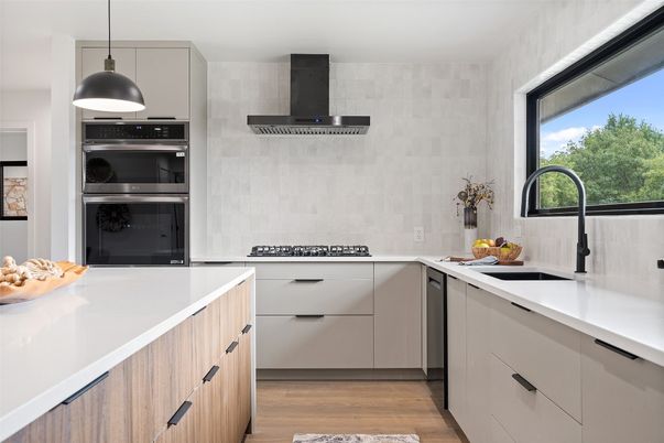 Interior, Kitchen, Pendant Lights, Stainless Steel Appliances, Wood Texture Flooring