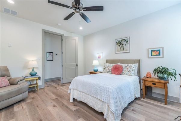 Bedroom, Interior, Recessed Lighting, Wood Texture Flooring