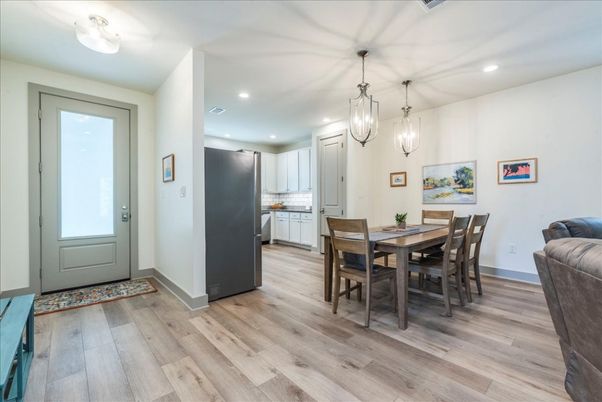 Dining room, Interior, Kitchen, Pendant Lights, Recessed Lighting, Wood Texture Flooring