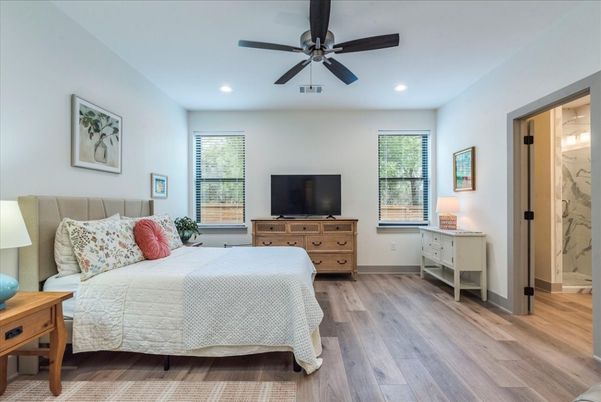 Bedroom, Interior, Recessed Lighting, Wood Texture Flooring