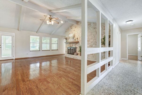 Empty room, Fireplace, Interior, Stone Walls, Wood Texture Flooring