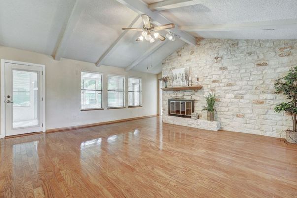 Empty room, Fireplace, Interior, Stone Walls, Wood Texture Flooring